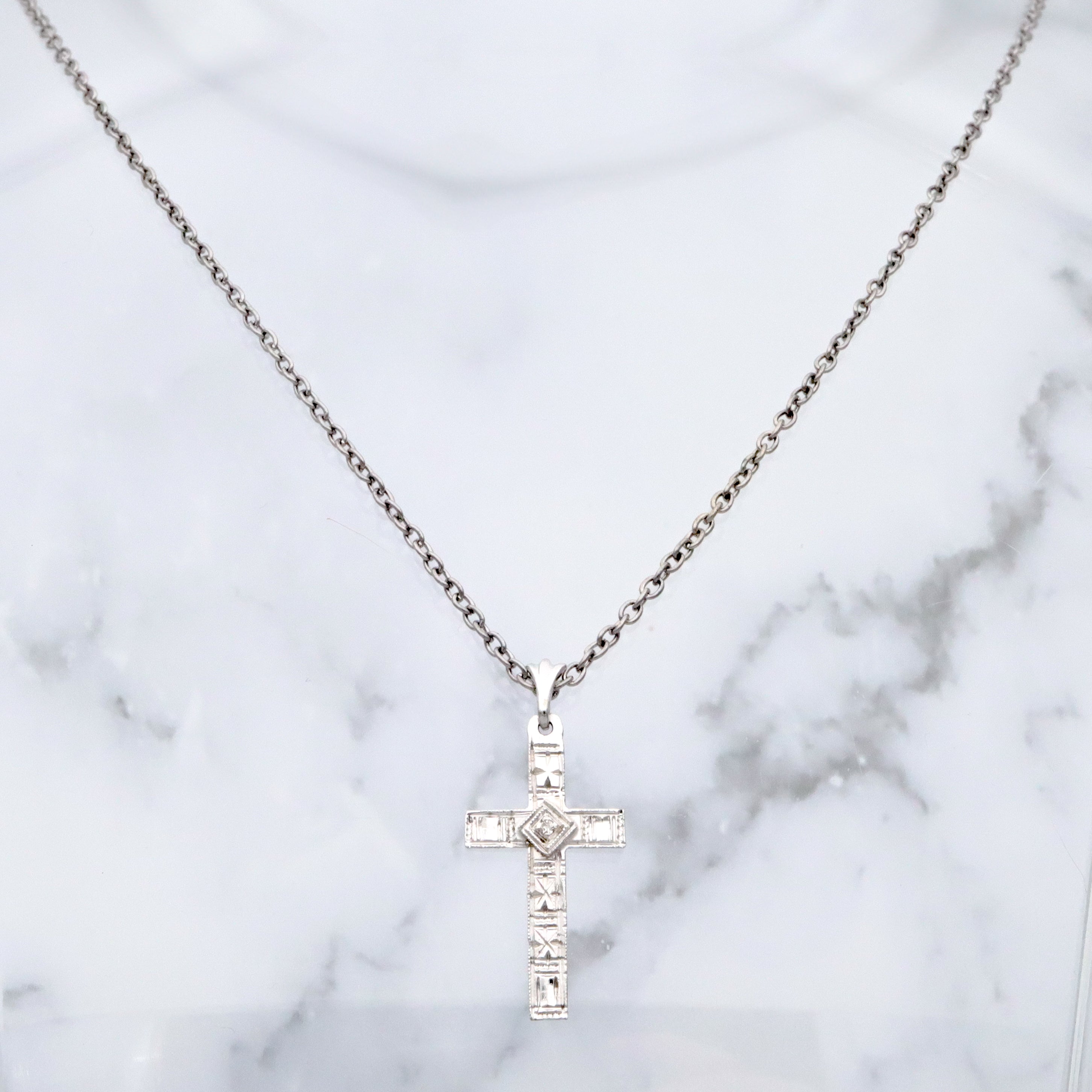 Antique Art Deco 14k white gold engraved cross pendant with old mine cut diamond